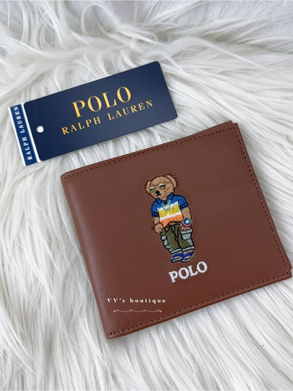 NWT Polo Ralph Lauren Bear Men Bifold Leather Billfold Wallet Brown